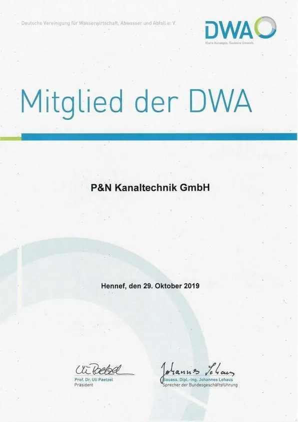 DWA-Mitgliedschaft: Urkunde der P&N Kanaltechnik GmbH
