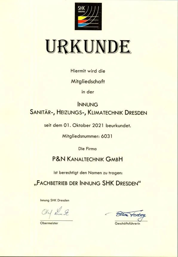 Mitglied der Innung SHK Dresden: Urkunde der P&N Kanaltechnik GmbH